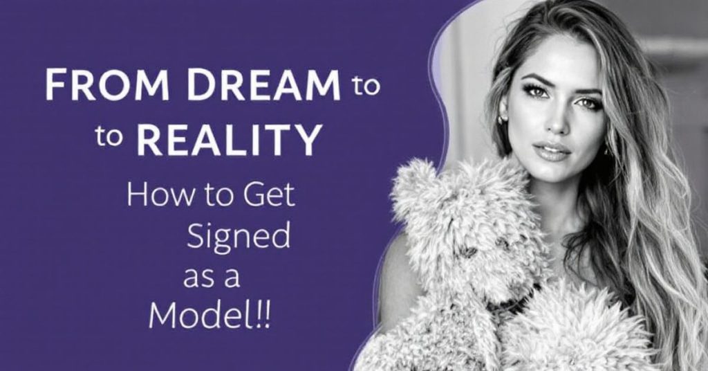 From Dream to Reality – How to Get Signed as a Model. A black and white photo of a glamorous female model with long wavy hair holding a fluffy teddy bear, alongside bold text about achieving a modeling career.