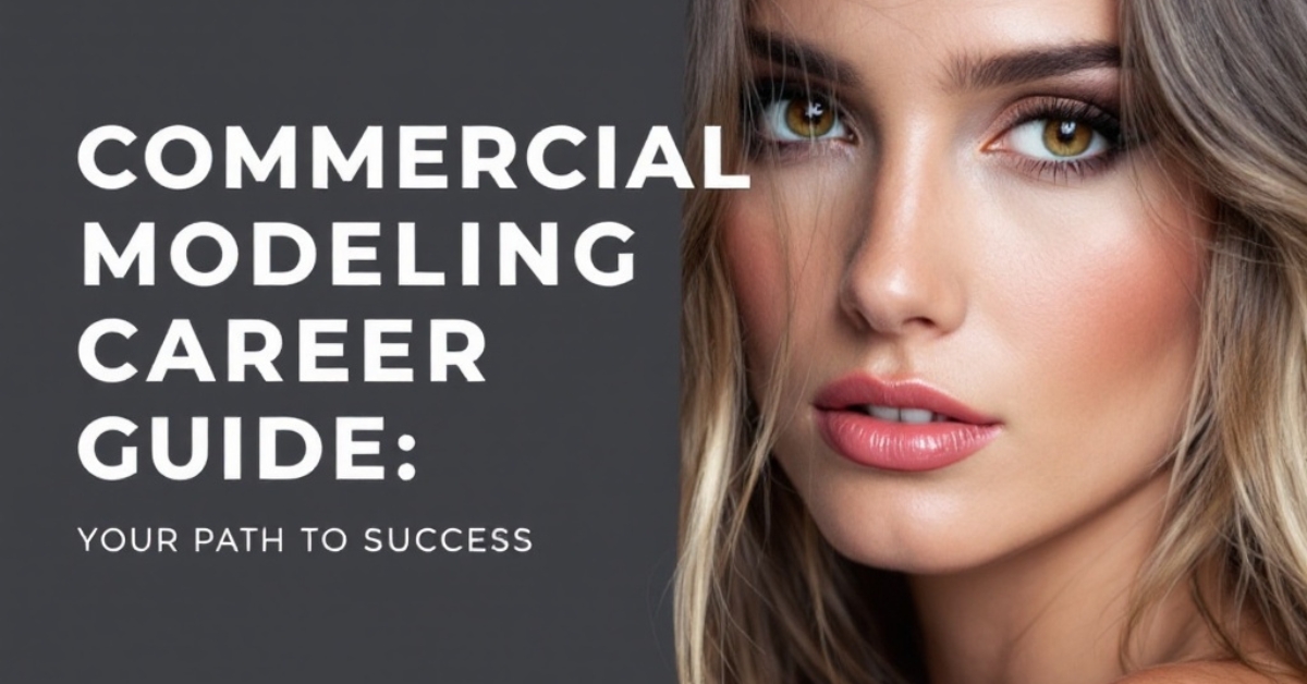 Close-up of a confident female model with striking features, posed against a clean, modern background. The text "Commercial Modeling Career Guide: Your Path to Success" is displayed in bold typography, emphasizing the blog's focus on building a successful career in commercial modeling.